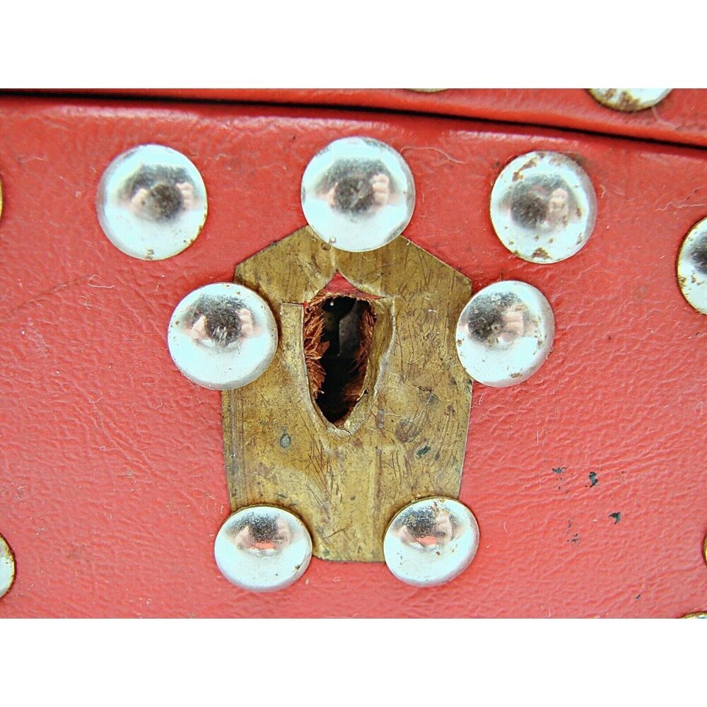 Red Leather Silver Stud Jewelry Trinket Trunk Box 6" Fashion Storage Box No Key - Picture 5 of 12